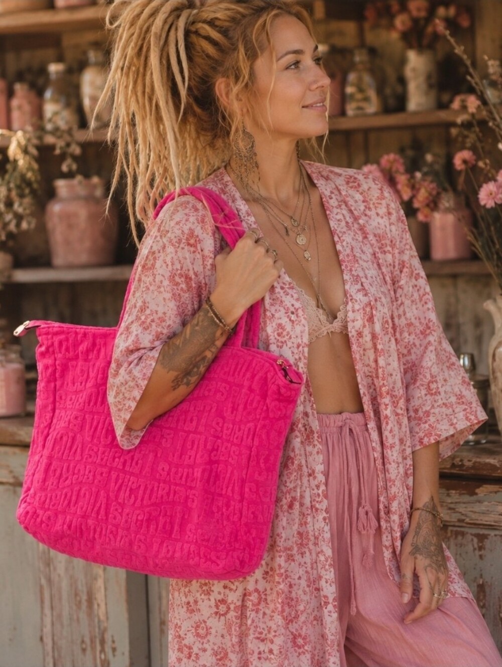 Victoria’s Secret Hot Pink Y2K Tote Bag Zipper Shopping Carryall